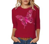 Unterstützend T-shirt pour femme Col rond Manches courtes T-shirt graphique Minimaliste Inspirant Déclaration Papillon Imprimé Nœud Rose Chemise de charité pour la course de dons, Style-h07 rouge, L