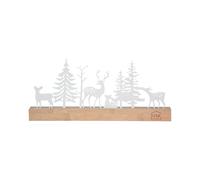 UNUS Décoration de Noël en métal - Silhouette de cerf et de cerf avec forêt - 30 x 13 x 2,5 cm - Avec socle en bambou - Blanc - Décoration moderne pour fenêtre, table, cheminée ou étagère
