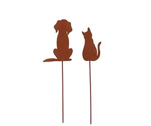 UNUS Lot de 2 piquets de jardin en métal patiné pour jardin - Motif chien et chat - Aspect rouille - Décoration pour jardin, terrasse, balcon, pot de fleurs
