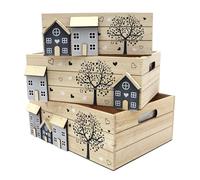 UNUS Lot de 3 caisses en bois - Décoration en bois de style maison de campagne - 26 x 16 x 10 cm - Avec film de protection pour plantes - Boîte de rangement en bois - Caisses décoratives comme cadeau