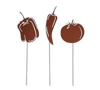 UNUS Lot de 3 piquets de jardin en forme de légumes méditerranéens, en métal, aspect rouille, décoration et marquage de parterre pour jardin et plate-bande surélevée