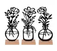 UNUS® Lot de 3 vases décoratifs avec fleurs en métal avec base en bambou, en noir ou blanc, décoration de table élégante pour salon, rebord de fenêtre ou balcon