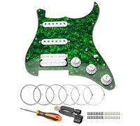 Unxuey Pickguard SSH à 11 trous pour guitare avec micro blanc Humbucker pré-câblé pour Fender Stratorcast, 4 plis vert perlé, avec cordes de guitare et outil d'installation