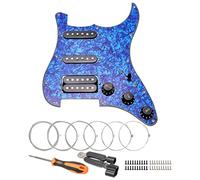 Unxuey Pickguard SSH à 11 trous pour guitare avec micro noir Humbucker pré-câblé pour Fender Stratorcast, 4 plis, bleu nacré, avec cordes de guitare et outil d'installation