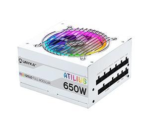 UNYKAch Bloc d'alimentation ATX ATILIUS 650 W White Full Modulaire avec éclairage RVB, efficacité de 90 %, ventilateur de 120 mm ultra silencieux et protection contre les surintensités