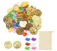 UOCAI Lot de 100 pièces d'or au trésor de pirate pour anniversaire d'enfant, boîte au trésor, décoration de pirate, petit cadeau de pirate, pierres précieuses pour enfants avec 50 pièces d'or et 50