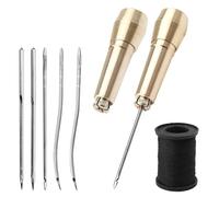 UOCAI Lot de 2 Alênes à Coudre pour Cuir Alène de Cordonnier en Cuir Couture Cuir avec 2 Poignées en Laiton, 2 Aiguilles Droites, 2 Aiguilles Courbes, 2 Trous D'Aiguille et 50 Mètres de Fil Noir