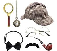 UOCAI Lot de 7 accessoires de costume de détective, Sherlock Holmes, avec chapeau de détective, lunettes, fausse moustache, loupe, nœud papillon de détective, accessoires de cosplay, carnaval, cosplay