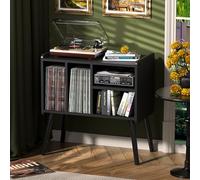 UODERS Table de tourne-disque du milieu du siècle avec rangement en vinyle pour jusqu'à 150 albums, armoire de rangement pour disques vinyles avec étagères réglables, noir