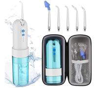 UODIR Hydropulseur Sans Fil, Mini Irrigateur Buccal Portable avec Boîte de Rangement, 4 Modes et 5 Buses, Fil Dentaire Électrique, Étanchéité IPX7, Adapté pour la Maison et les Voyages (Bleu/Blanc)