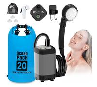 Portable Camping Douche, Pompe de Douche de Camping avec Rechargeable 6000mAh Batterie et indicateur de température, tête de Douche multifonctionnelle et Tuyau 2M, bac Pliant 20L