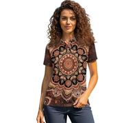 UOIMAG Chemises de sport hippie pour femmes, chemises de golf à manches courtes, col années 70, haut de tennis, tenues rétro décontractées, Fleur marron bohème, XXL