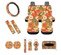 UOIMAG Ensemble complet de housses de siège de voiture à motif hippie rétro floral 13 pièces avec housse de volant pour femmes