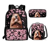 UOIMAG Ensemble de 3 sacs à dos et boîte à déjeuner mignons pour filles et garçons avec trousse à crayons, Fleurs de cerisier Capybara, Taille unique, Ensemble cartable