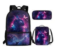 UOIMAG Ensemble de 3 sacs à dos et boîte à déjeuner mignons pour filles et garçons avec trousse à crayons, Chat Papillon Galaxie, Taille unique, Ensemble cartable