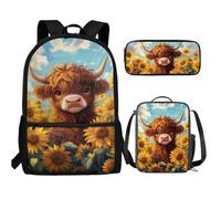 UOIMAG Ensemble de 3 sacs à dos et boîte à déjeuner mignons pour filles et garçons avec trousse à crayons, Vache Highland Tournesol, Taille unique, Ensemble cartable