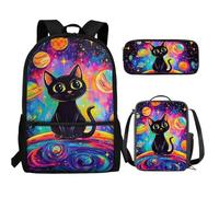 UOIMAG Ensemble de 3 sacs à dos et boîte à déjeuner mignons pour filles et garçons avec trousse à crayons, Chat noir Planètes Galaxie, Taille unique, Ensemble cartable
