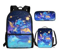 UOIMAG Ensemble de 3 sacs à dos et boîte à déjeuner mignons pour filles et garçons avec trousse à crayons, Dragon Stars, Taille unique, Ensemble cartable