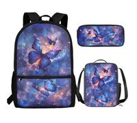 UOIMAG Ensemble de 3 sacs à dos et boîte à déjeuner mignons pour filles et garçons avec trousse à crayons, Papillon Galaxie, Taille unique, Ensemble cartable