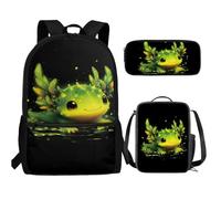 UOIMAG Ensemble de 3 sacs à dos et boîte à déjeuner pour enfants avec trousse à crayons mignons et légers, Axolotl Vert Noir, Taille unique, Ensemble cartable