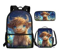 UOIMAG Ensemble de 3 sacs à dos et boîte à déjeuner pour enfants avec trousse à crayons mignons et légers, Fleurs galaxie vache Highland, Taille unique, Ensemble cartable
