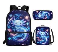 UOIMAG Ensemble de 3 sacs à dos et boîte à déjeuner pour enfants avec trousse à crayons mignons et légers, Axolotl Planet Galaxy, Taille unique, Ensemble cartable