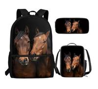 UOIMAG Ensemble de 3 sacs à dos et boîte à déjeuner pour enfants avec trousse à crayons mignons et légers, Motif chevaux marron, Taille unique, Ensemble cartable