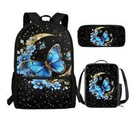 UOIMAG Ensemble de 3 sacs à dos et boîte à déjeuner pour enfants avec trousse à crayons mignons et légers, Papillon Lune Fleur, Taille unique, Ensemble cartable