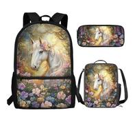 UOIMAG Ensemble de 3 sacs à dos et boîte à déjeuner pour enfants avec trousse à crayons mignons et légers, Motif floral cheval, Taille unique, Ensemble cartable