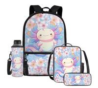 UOIMAG Ensemble de 4 sacs d'école pour enfants avec sac à dos, boîte à déjeuner avec porte-bouteille d'eau et trousse à crayons, Axolotl Fleurs de cerisier esthétiques, Taille unique, Ensemble