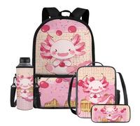 UOIMAG Ensemble de 4 sacs d'école pour enfants avec sac à dos, boîte à déjeuner avec porte-bouteille d'eau et trousse à crayons, Axolotl Crème glacée Cerise, Taille unique, Ensemble cartable