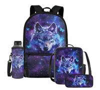 UOIMAG Ensemble de 4 sacs d'école pour enfants avec sac à dos, boîte à déjeuner avec porte-bouteille d'eau et trousse à crayons, Loup, papillon, galaxie, Taille unique, Ensemble cartable
