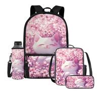 UOIMAG Ensemble de 4 sacs d'école pour enfants avec sac à dos, boîte à déjeuner avec porte-bouteille d'eau et trousse à crayons, Chat fleur de cerisier, Taille unique, Ensemble cartable