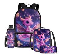 UOIMAG Ensemble de 4 sacs d'école pour enfants avec sac à dos, boîte à déjeuner avec porte-bouteille d'eau et trousse à crayons, Dragon Rose Galaxie, Taille unique, Ensemble cartable