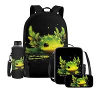 UOIMAG Ensemble de 4 sacs d'école pour enfants avec sac à dos, boîte à déjeuner avec porte-bouteille d'eau et trousse à crayons, Axolotl Vert Noir, Taille unique, Ensemble cartable