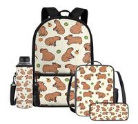 UOIMAG Ensemble de 4 sacs d'école pour enfants avec sac à dos, boîte à déjeuner avec porte-bouteille d'eau et trousse à crayons, Motif Capybara Beige, Taille unique, Ensemble cartable
