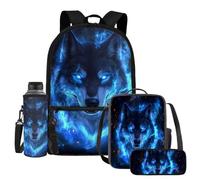 UOIMAG Ensemble de 4 sacs d'école pour enfants avec sac à dos, boîte à déjeuner avec porte-bouteille d'eau et trousse à crayons, Wolf Blue Fire, Taille unique, Ensemble cartable
