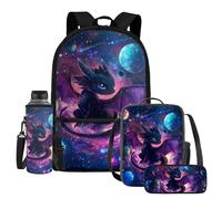 UOIMAG Ensemble de 4 sacs d'école pour enfants avec sac à dos, boîte à déjeuner avec porte-bouteille d'eau et trousse à crayons, Dragon Galaxie noire, Taille unique, Ensemble cartable