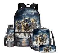 UOIMAG Ensemble de 4 sacs d'école pour enfants avec sac à dos, boîte à déjeuner avec porte-bouteille d'eau et trousse à crayons, Wolf Running, Taille unique, Ensemble cartable