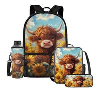 UOIMAG Ensemble de 4 sacs d'école pour enfants avec sac à dos, boîte à déjeuner avec porte-bouteille d'eau et trousse à crayons, Champ de tournesol vache Highland, Taille unique, Ensemble cartable