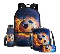 UOIMAG Ensemble de 4 sacs d'école pour enfants avec sac à dos, boîte à déjeuner avec porte-bouteille d'eau et trousse à crayons, Soccer Fire Galaxy, Taille unique, Ensemble cartable