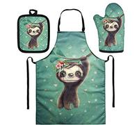 UOIMAG Ensemble d'isolation de cuisine avec tablier, gant, manique, pour homme et femme - Motif paresseux