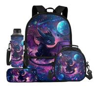 UOIMAG Ensemble sac à dos, boîte à déjeuner, cartable et sac à déjeuner, trousse mignonne et porte-bouteille d'eau 4 pièces, Dragon noir galaxie, Taille unique, Ensemble cartable