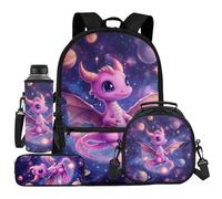 UOIMAG Ensemble sac à dos, boîte à déjeuner, cartable et sac à déjeuner, trousse mignonne et porte-bouteille d'eau 4 pièces, Dragon rose galaxie, Taille unique, Ensemble cartable