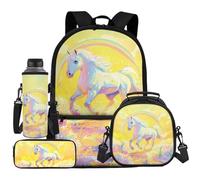 UOIMAG Ensemble sac à dos, boîte à déjeuner, cartable et sac à déjeuner, trousse mignonne et porte-bouteille d'eau 4 pièces, Cheval arc-en-ciel, Taille unique, Ensemble cartable