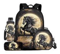 UOIMAG Ensemble sac à dos d'école et boîte à déjeuner avec porte-bouteille d'eau avec sangle et trousse à crayons 4 pièces, Black Horse Moon, Taille unique, Ensemble cartable