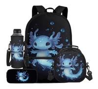 UOIMAG Ensemble sac à dos d'école et boîte à déjeuner avec porte-bouteille d'eau avec sangle et trousse à crayons 4 pièces, Bulle axolotl, Taille unique, Ensemble cartable