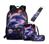 UOIMAG Ensemble sac à dos et boîte à déjeuner pour enfants avec trousse à crayons et porte-clés 4 pièces, Galaxie dauphin, Taille unique, Ensemble cartable