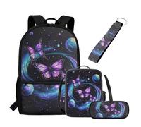 UOIMAG Ensemble sac à dos et boîte à déjeuner pour enfants avec trousse à crayons et porte-clés 4 pièces, Papillon Planètes Galaxie, Taille unique, Ensemble cartable