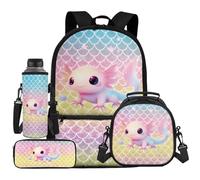 UOIMAG Ensemble sac à dos et sac à déjeuner pour enfants 4 pièces avec porte-bouteille d'eau et trousse à crayons, Sirène Axolotl, Taille unique, Ensemble cartable